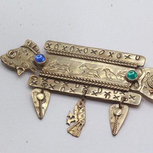 Rare! Deborah Roberts Signed Jeweled Studio Artisan Large Fish Brass Pin Brooch